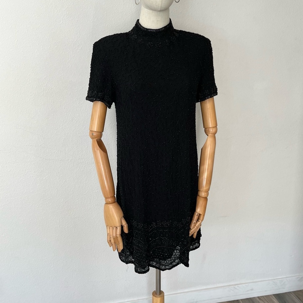 Vintage 100% Silk Black Beaded Evening Dress